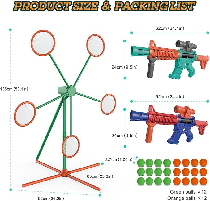Marlrin Shooting Games Toys for Age 5 6 7 8 9 10+ Year Old Boys, Kids Toy Sports & Outdoor Game with Moving Shooting Target & 2 Popper Air Toy Guns & 24 Foam Balls, Gifts for Boys and Girls