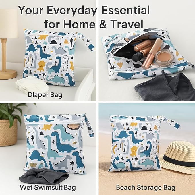 Waterproof Wet Dry Bag, Reusable Diaper Pouch with Zipper, Machine Washable Travel Organizer for Beach, Daycare, Kids, Dinosaur Pattern (White Dino)