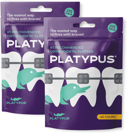 Platypus Orthodontic Flossers for Braces, 40 Count (Pack of 2), Ortho Picks for Adults & Kids, Fits Under Arch Wire, Non-Damaging, Encourage Flossing Habits