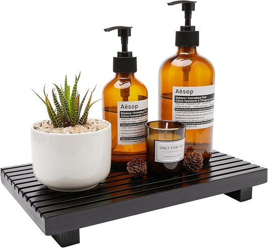 Renawe Black Bathroom Counter Tray Organizer Wood Riser Stand Kitchen Countertop Trays Wooden Pedesta Display Dish Soap Dispenser Holder for Bathroom Decor Sink Accessories Vanity Tray