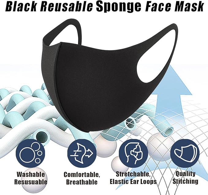 15PCS Reusable Face Mask, Black Face Masks Sponge Washable, Fabric Breathable, Skin-Friendly, Stylish and Versatile for Adult, Men and Women, Cloth Dust Protection for Outdoor, Travel, Sports
