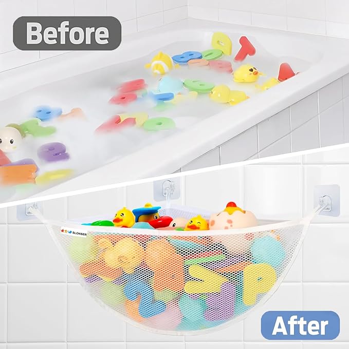 Bath Toy Holder Corner, Kids Bath Toy Net for Tub, Bathtub Holder Basket, Storage Bin Hammock Organizer, Shower Caddy Hanging Mesh Bag, Baby Bathroom Storage with 3 Suction Cups 3 Adhesive Wall Hooks