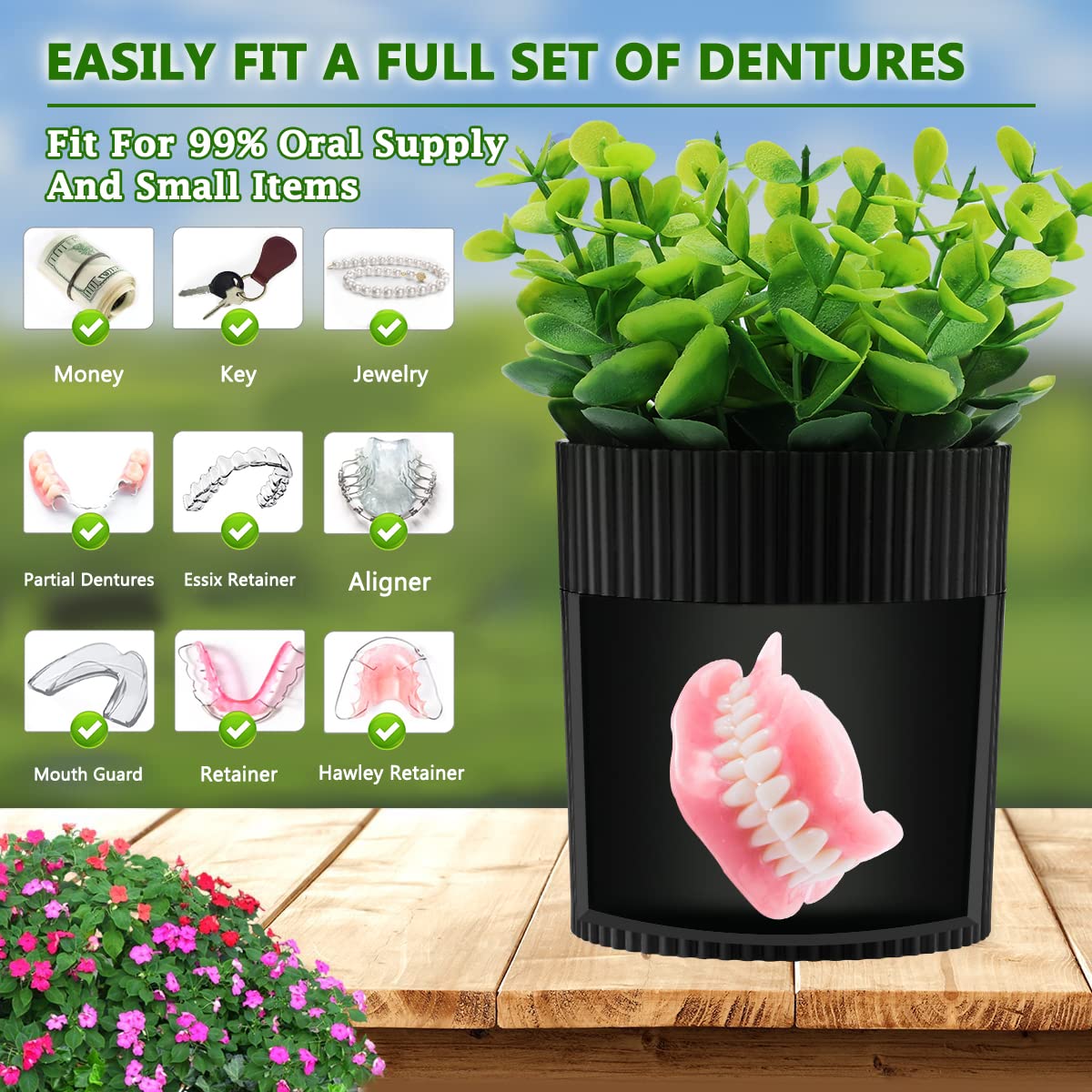 Denture Bath, Invisible Denture Case Designed As Artificial Eucalyptus Potted Plants, Denture Cup With Strainer For Retainer, Mouth Guard & Dentures, Perfect For Home Decoration…
