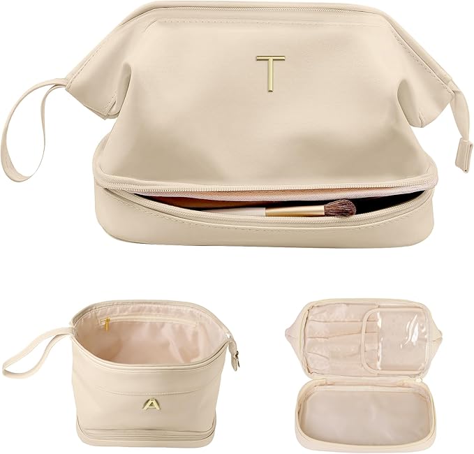 Birthday Gifts for Girls, Initial Large Makeup Bag, Personalized Double Layer Cosmetic Bag with Makeup Brush Organizer, Large Capacity PU Leather Travel Toiletry Bag Travel Stuff for Girls