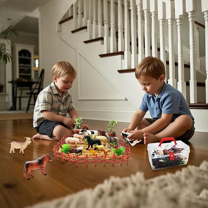 BOLZRA Farm Animal Figurines, Realistic Plastic Animals Toys with Fences Building Blocks, Farm Figures Playset Educational Christmas Birthday Gift for Kids & Toddlers, 53 PCS
