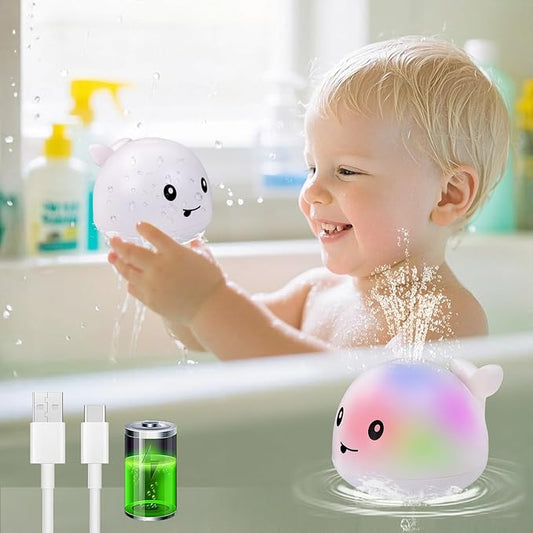 Light Up Bath Toy Sprinkler for Babies, Rechargeable Bathtub Pool Water Toys Baby Gifts for Toddlers, Shower Essentials (White Whale)