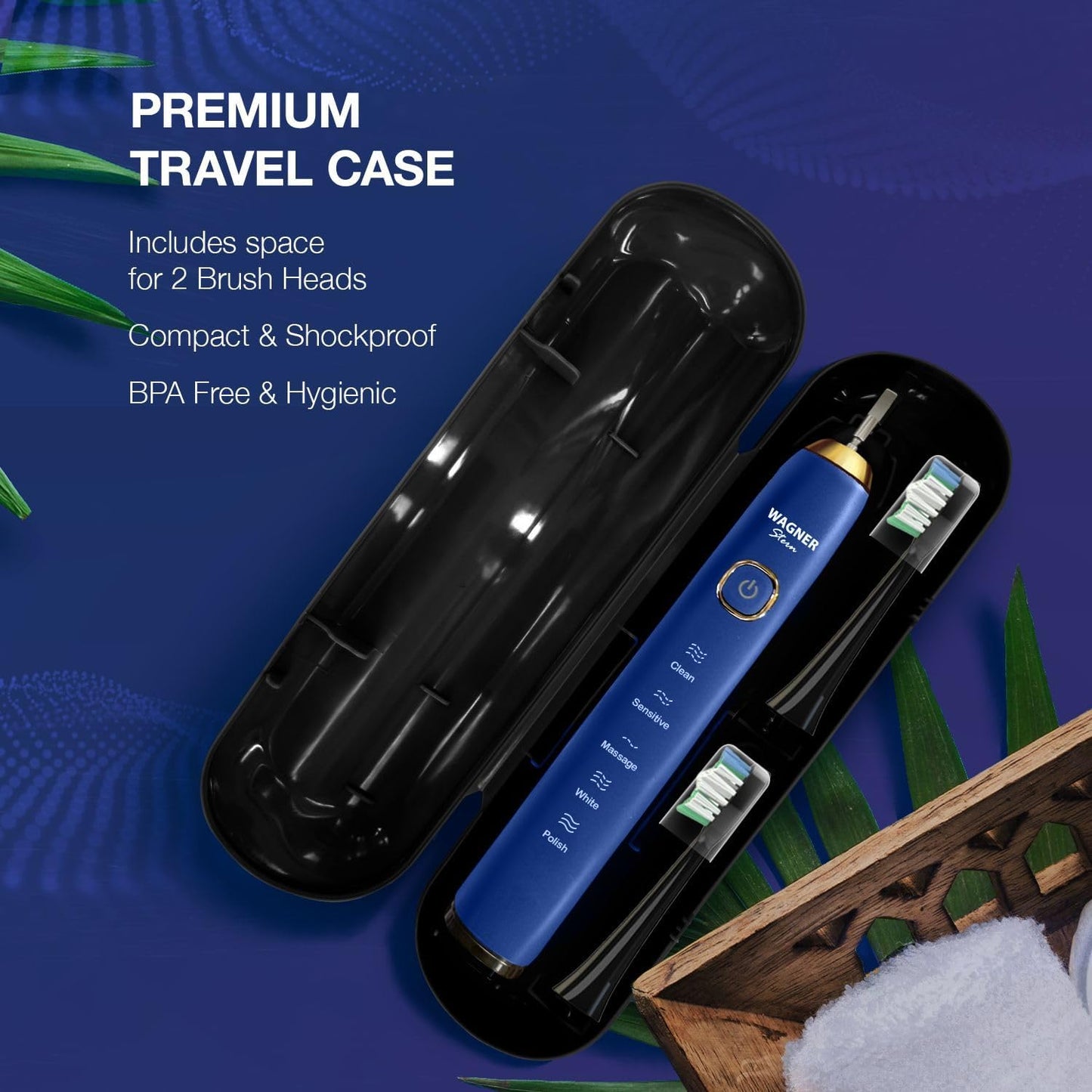 Wagner Stern The Sapphire Blue Edition ultrasonic whitening Electric Toothbrush Features Five Brushing Modes, Eight Soft Brush Heads, and a Premium Travel case.