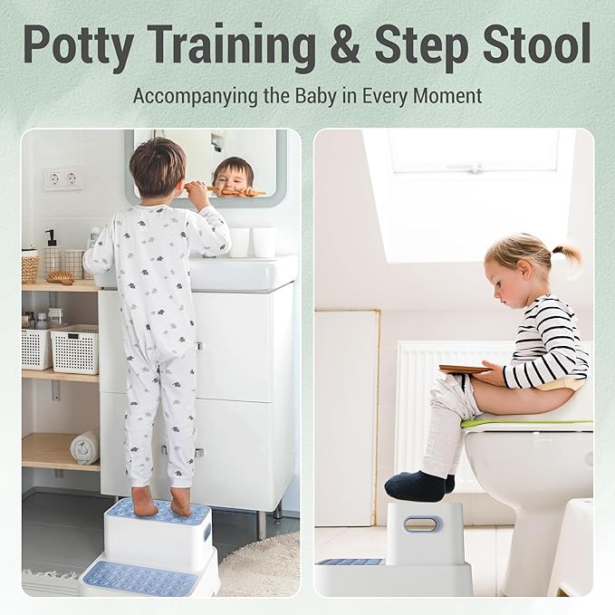 COOSEYA 2 Step Stools for Kids,Toddler Step Stool for Bathroom Sink,No-Slip Double up Stepping for Toddlers Bathroom, Multifunctional Toilet Potty Stool for Kids,Toilet Potty Training(2 Packs)（Blue）