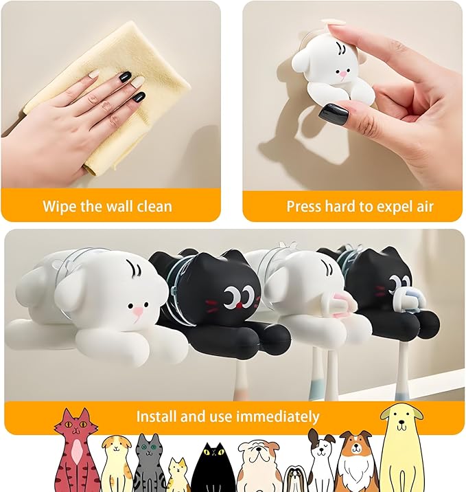 2 PCS Kids' Bathroom Toothbrush Holder,Suction Mount Silicone Toothbrush Holder,Cute Cartoon Cat and Dog Design, Perfect for Kids and Families