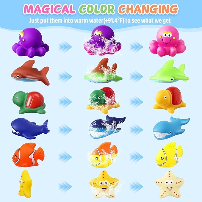 Color Changing No Hole Bath Toys for Kids Ages 1-3 4-8, Toddler Bath Toys, Sea Creatures Christmas Stocking Stuffers Christmas Birthday Gifts Pool Bathub Beach Water Toys Sea Animal with Drying Bag