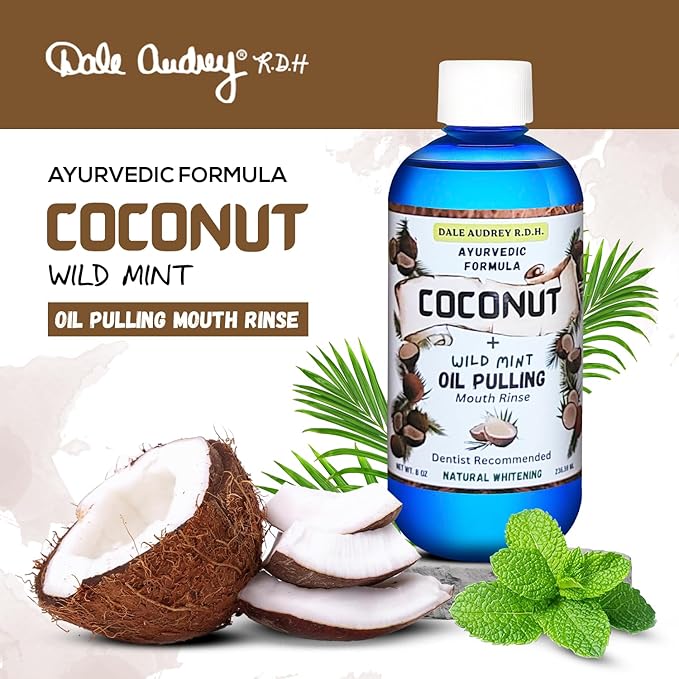 Dale Audrey Coconut Pulling Oil for Teeth and Gums with Stainless Steel Tongue Scraper | CocoMint Oil Pulling Mouthwash, Ayurvedic Alcohol-Free Teeth Whitening Mouthwash for Gums & Bad Breath- 8 FL Oz