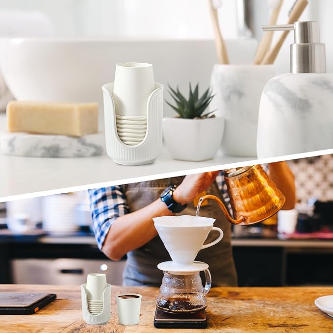 Ceramic Bathroom Cup Dispenser with Stylish Vertical Stripes - Disposable Mouthwash Cup Holder Holds 3-4oz Paper Cups for Rinsing Cups on Bathroom Vanity Countertops (White)