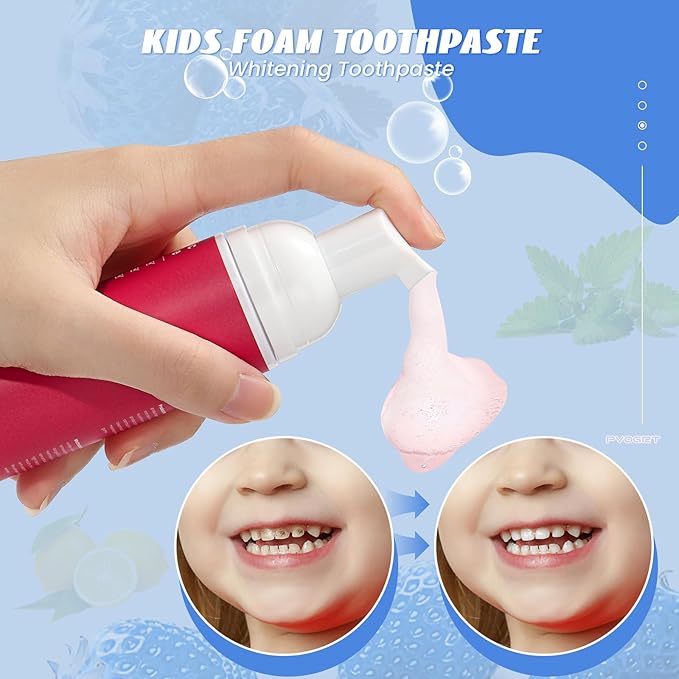 Kids Fluoride Free Foam Toothpaste - Toddler Natural Teeth Clean and Whitening Toothpaste with Blueberry Mint Flavor, Organic Travel for U Shaped Toothbrush