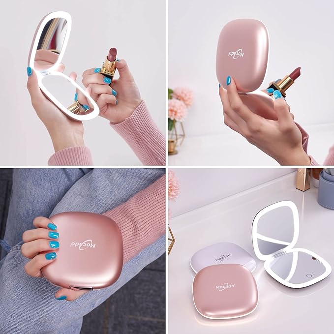 Mocado Compact LED Magnifying Travel Makeup-Mirror - 4 inches 1X/10X Magnification Small Hand Pocket Dimmable Double Sided USB Rechargeable Touch Screen, Portable Tabletop Cosmetic (Rose Gold)