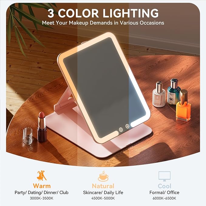 Auxmir Travel Makeup Mirror with 3 Dimmable Color Lights, Portable Foldable LED Lighted Travel Makeup Mirror, Rechargeable Compact Vanity Mirror with Light, Adjustable Height and Angle for Desk, Pink