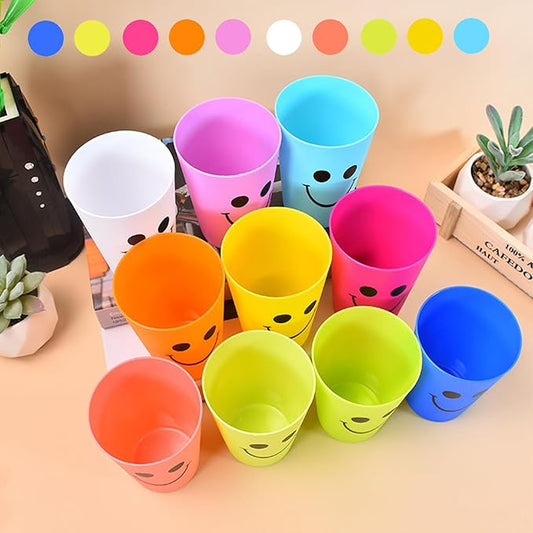Plastic Cups Set for Kids Kitchen Drinking & Toothbrush Rinse, 260ml Reusable Colored Unbreakable Smiling Face Bathoom Mouthwash Tumbler Brushes, Kids Speed Training Stackable Cup
