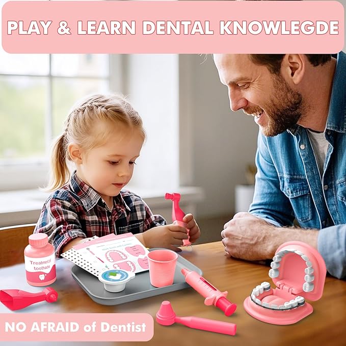 Dentist Play Set for Girls 3-5 - Doctor Kit Toy Gifts for 3 4 Year Old Toddler Girls, Pretend Play Montessori Toys Teeth and Dental Playset Medical Kits for Boys Kids 3 4 5 6 7 8 Pink