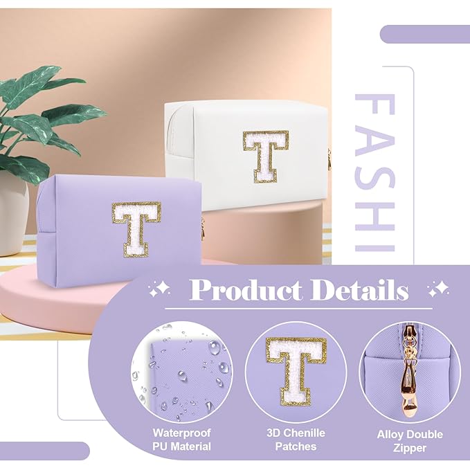 Personalized Makeup Bag Initial A-Z Preppy Patch Bag,Small PU Leather Travel Cosmetic Bag Pouch with Zipper,Purple Cute Toiletry Bag,Gift Ideal for Teen Girls Women Birthday Friend Mom,Latter T
