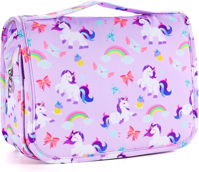 Kids Hanging Toiletry Bag for Girls, Travel Toiletry Bag for Little Young Girls Cosmetic Makeup Waterproof Wash Bag Toddler Traveling Toiletries, Unicorn Purple