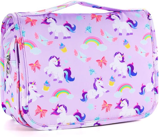 Kids Hanging Toiletry Bag for Girls, Travel Toiletry Bag for Little Young Girls Cosmetic Makeup Waterproof Wash Bag Toddler Traveling Toiletries, Unicorn Purple