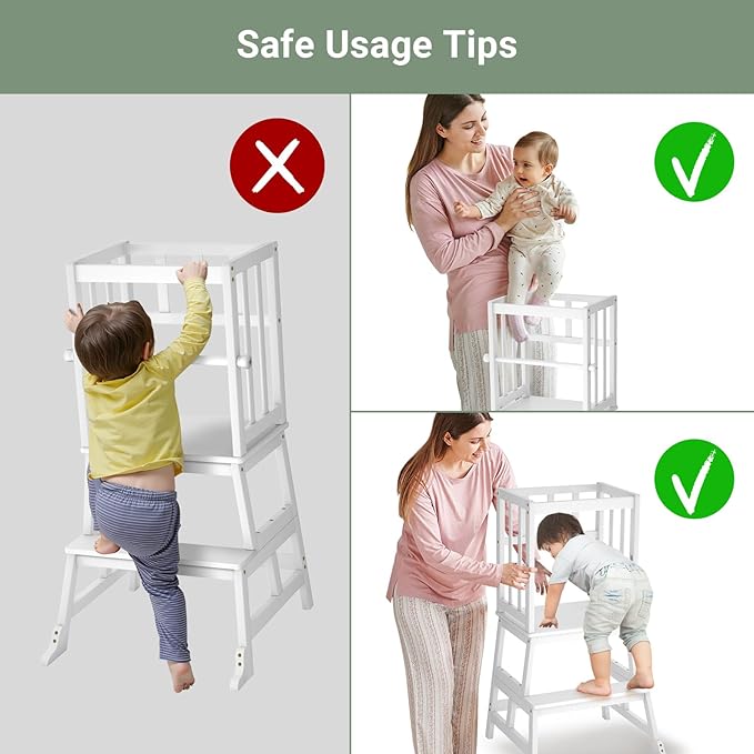 COSYLAND Kids Kitchen Step Stool Helper with Gloves Removable Anti-Drop Railing Safety Rail, Non-Slip Mat Standing Tower Stepping Stool for Toddlers Bathroom Sink Counter Learning 1.5-3 Years White