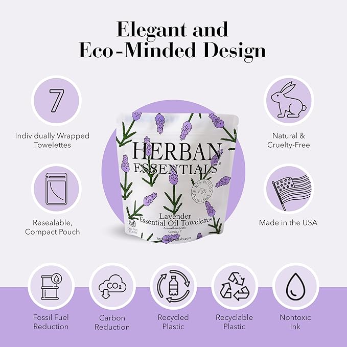 Herban Essentials - Lavender Wipes & Towelettes - Essential Oil Wipes for Make Up, Hands, Face & Body - Travel Size Essentials and Toiletries - Natural, Individually Wrapped and Disposable - 7 Count
