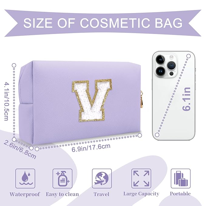 Personalized Makeup Bag Initial A-Z Preppy Patch Bag,Small PU Leather Travel Cosmetic Bag Pouch with Zipper,Purple Cute Toiletry Bag,Gift Ideal for Teen Girls Women Birthday Friend Mom,Latter V