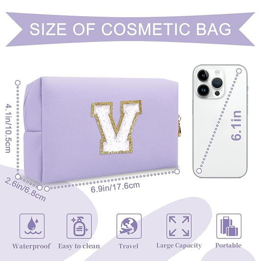 Personalized Makeup Bag Initial A-Z Preppy Patch Bag,Small PU Leather Travel Cosmetic Bag Pouch with Zipper,Purple Cute Toiletry Bag,Gift Ideal for Teen Girls Women Birthday Friend Mom,Latter V