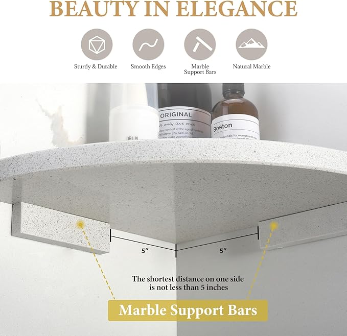 Koville 2 Pcs Wall Mounted White Marble Corner Shower Shelf for Bathroom, 10'' Polished Marble Corner Shelves for Bath, Stone Corner Shower Caddy - White Cliff (No Glue Included)