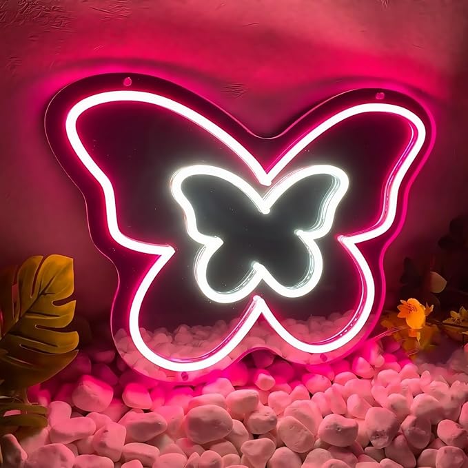LED Mirror Neon Lights Light Up Dressing Mirror Cat/Shine Heart/Bat/Butterfly Shape Neon Mirror Sign for Modern Home Girl Room Bathroom Salon Wall Art Decor Gift For Girlfriend USB Powered