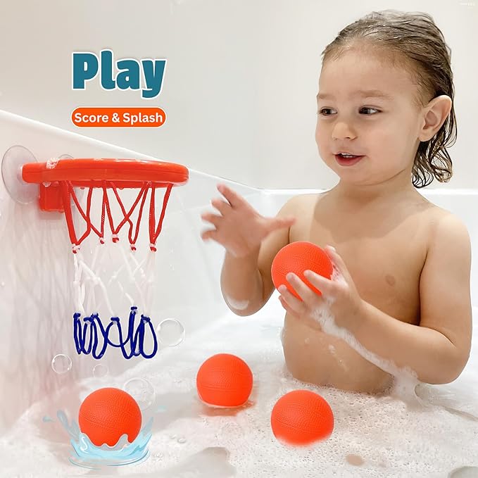 Bath Toys – Bathtub Basketball Hoop for Toddlers, Kids, Boys and Girls | 4 No-Hole Balls & Strong Suction Cups | Fun Basketball Bath Toy for Toddlers