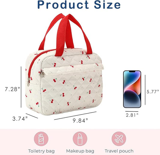 Large Size Quilted Coquette Makeup Bag, Cute Preppy Floral Cotton Travel Cosmetic Organizer Bag with Top Handle, Multi-Layer Travel Toiletry Pouch for Girls(02Cherry)