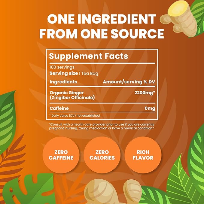 Organic Ginger Tea — 100 Tea Bags | Organic Herbal Tea From Single Origin | Eco-Friendly | Non-GMO Caffeine Free | Cederberg Tea Company.