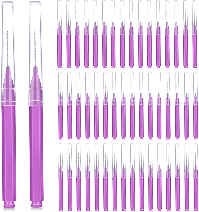 Patelai 50 Pieces Interdental Brush for Cleaner Braces Brush Toothpick Dental Tooth Flossing Head Oral Dental Hygiene Flosser Toothpick Cleaners Tooth Cleaning Tool(Purple)