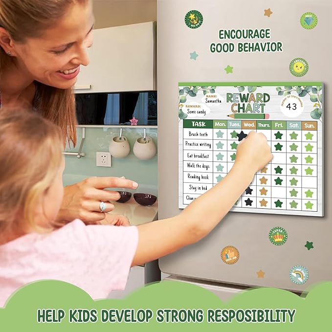 Reward Chart for Kids,Magnetic Behavior Chore Chart for Kids at Home,26 Eucalyptus Chore Charts,1960 Star Stickers,56 Reward Stickers,Incentive Chart to Develop Responsibility and Good Habits,Greenery