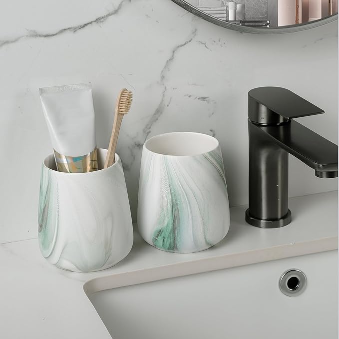 2Pcs Toothbrush Holder for Bathroom - Marble Green Ceramic Tooth Brushing Holders Set, Toothbrush Cup & Toothpaste Organizer for Bathroom Countertop, Makeup Brush Holder, Pen Holder for Home Storage