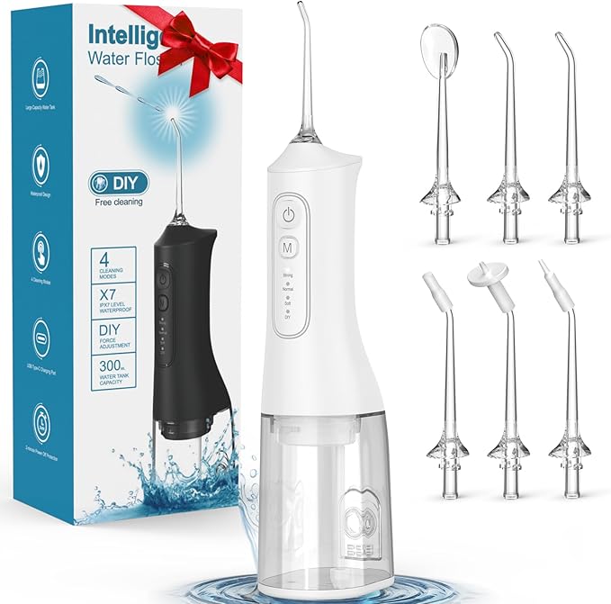 Water Flosser, Rechargeable 300ML IPX7 Waterproof Cordless Portable Oral Irrigator with 4 Modes & 6 Replaceable Jet Tips-Professional Flossing Cleaner for Daily Home Use,Travel,Gums,Braces Care(White)