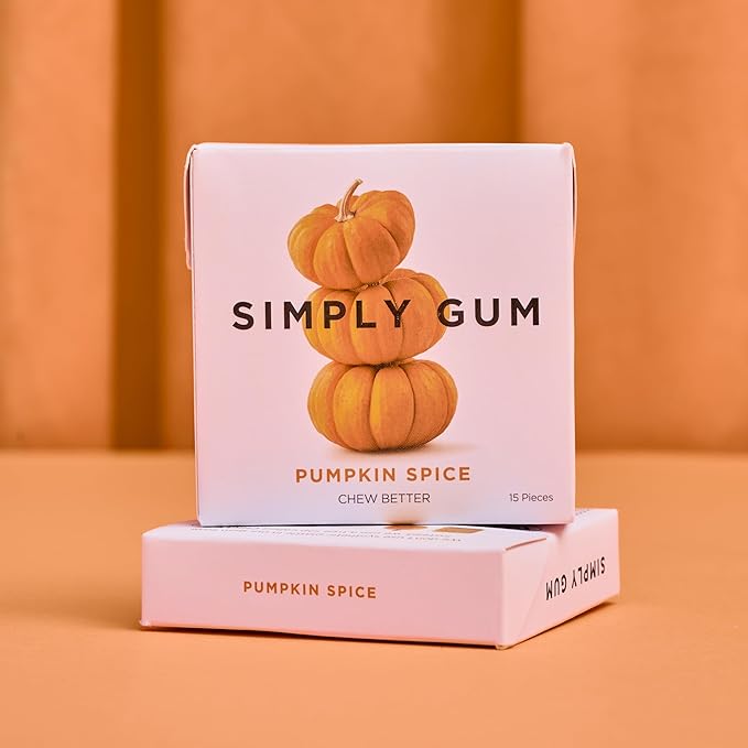 SIMPLY Gum Pumpkin Spice, Plastic-Free Natural Chewing Gum, 6 Pack (90 Pieces) | Vegan, Kosher, Non GMO, Aspartame Free and Sorbitol Free
