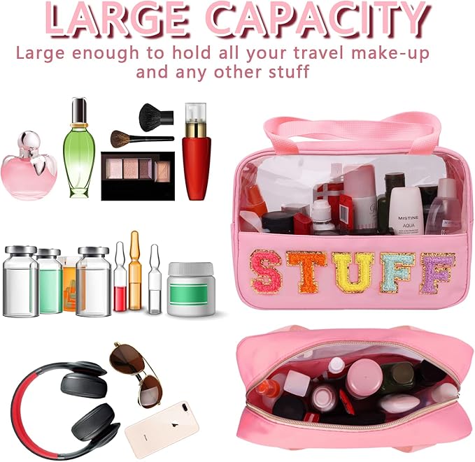 Iqimott Chenille Letter Patch Stuff Bag, Preppy Clear Makeup Cosmetic Bag Large Toiletry Storage Tote Bag with Handle, Transparent Nylon Waterproof Organizer Zipper Pouch for Travel Women Girls(Pink)