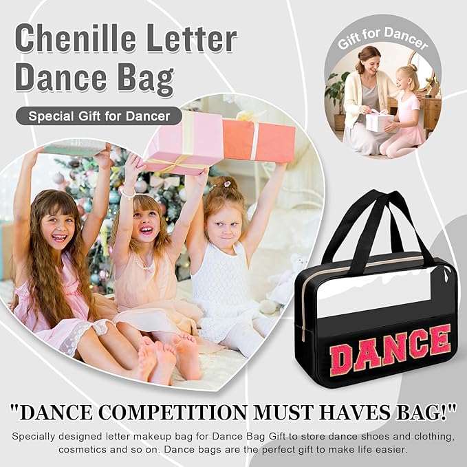 Dance Bag for Girls Chenille Letter Clear Makeup DANCE Stuff Bag,Toddler Dance Recital Gifts Ballet Cosmetic Zipper with Handle,Dance Competition Must Haves Accessories Toiletry Storage(DANCE-Black)