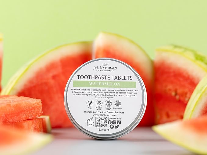 J&L Naturals Toothpaste Tablets | 62-Pack Travel-Friendly Toothpaste | Fluoride + Plastic Free, Vegan, Cruelty Free, Sustainable | Woman-Owned Small Business (Watermelon, 62 Count (Pack of 2))
