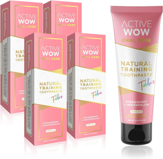 Active Wow Training Toothpaste – Fluoride-Free, Toddler-Safe, Gentle, Vegan, Safe to Swallow – Strawberry Watermelon, 2 Pack