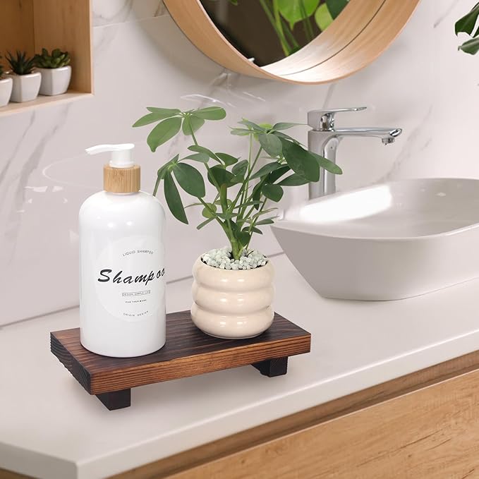 Small Bathroom Counter Organizer Tray Wooden Pedestal Stand for Display Decor Farmhouse Wood Risers Soap Dish Dispenser Holder for Kitchen Sink Tray Modern Bathroom Vanity Accessories Decorative trays