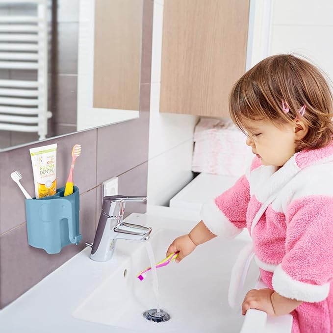 RyanLemon Elephant Toothbrush Holder for Toddler, Suction Cup Cute Toothbrush Holder for Kids, for Bathroom, with 3 Slots and 1 Hook, Blue