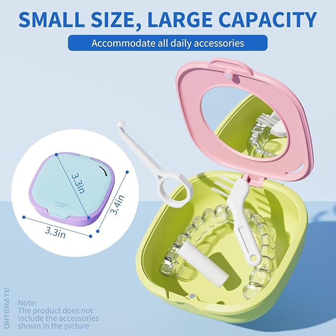 Magnetic Retainer Box with Mirror, Compact Denture Case with Vent Holes & Retainer Remover Tool & Chewies & Brush, Protable Aligner Cleaner Case for Night Mouth Guards, Braces (Pink Green)