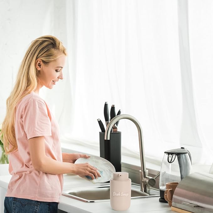 BosilunLife Khaki Soap Dispenser Set - 2 Pack 12oz Ceramic Dish Soap Dispenser with Rust Proof Pump for Kitchen, Hand Soap and Lotion Set Suitable for Farmhouse Bathroom Decor with Waterproof Labels