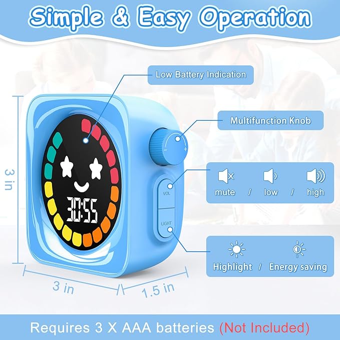 Visual Timer for Kids, 99 Minute Digital Cute Kids Visual Timer Classroom for Homeschool Supplies Study Teaching Time Management Tool Countdown & Stopwatch, Blue with Colorful Display