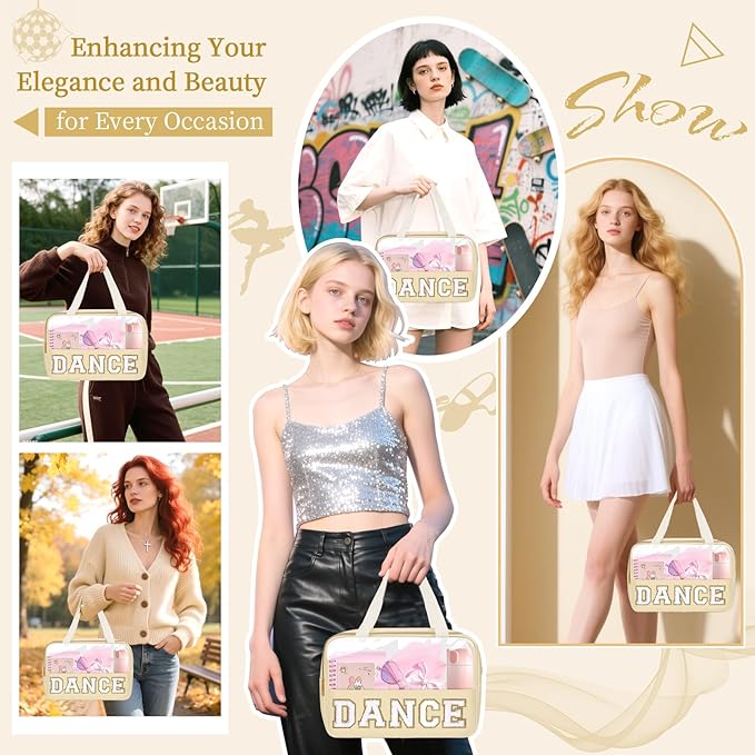 Dance Bag for Girls Chenille Letter Clear Makeup DANCE Stuff Bag,Toddler Dance Recital Gifts Ballet Cosmetic Zipper Pouch with Handle,Dance Competition Accessories Toiletry Storage Bag(DANCE-Beige)