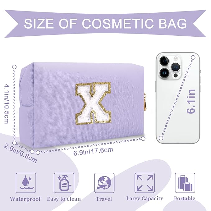 Personalized Makeup Bag Initial A-Z Preppy Patch Bag,Small PU Leather Travel Cosmetic Bag Pouch with Zipper,Purple Cute Toiletry Bag,Gift Ideal for Teen Girls Women Birthday Friend Mom,Latter X