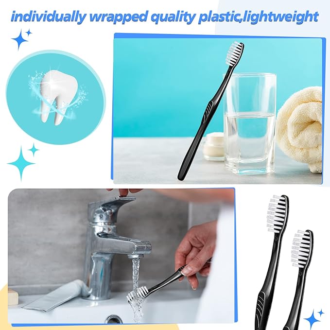 Tessco 1000 Pcs Disposable Toothbrushes Bulk Individually Wrapped Manual Soft Bristle Travel Toothbrushes Single Use Toothbrush for Homeless Hotel Toiletries Camping Office(Black)
